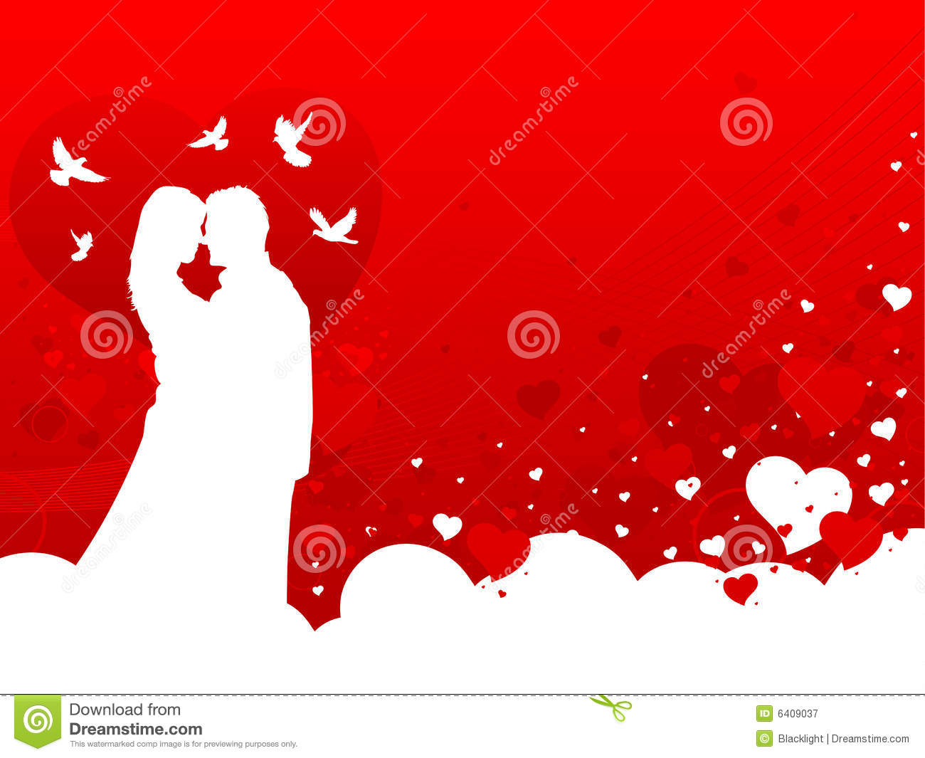 Silhouette Of Loving Couple In White With Red Hearts Background 