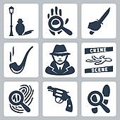 Vector Detective Icons Set  Man Under Street Lamp Magnifier And