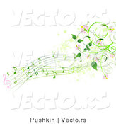 Vector Of Green Music Notes With Pink Flowers And Vines   Background