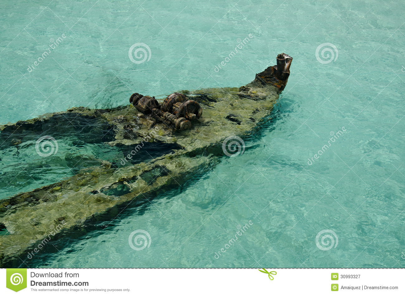 Aerial View Of Old Wreck And Palm Tree In A Tropical Beach San Blas