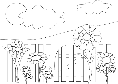 Beautiful Flowers Blooming In The Yard Near The Fence Coloring Pages
