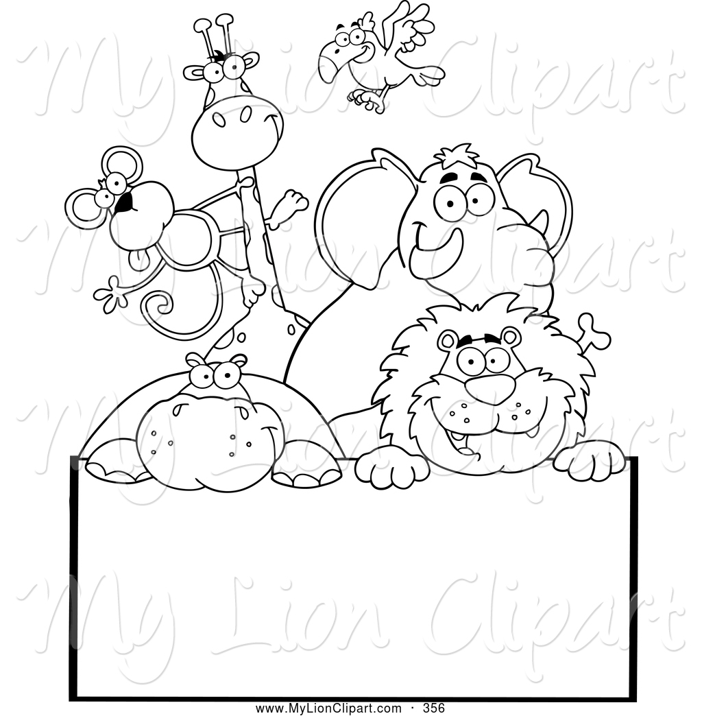 Clipart Of A Coloring Page Of Outlined Zoo Animals Over A Sign By Hit