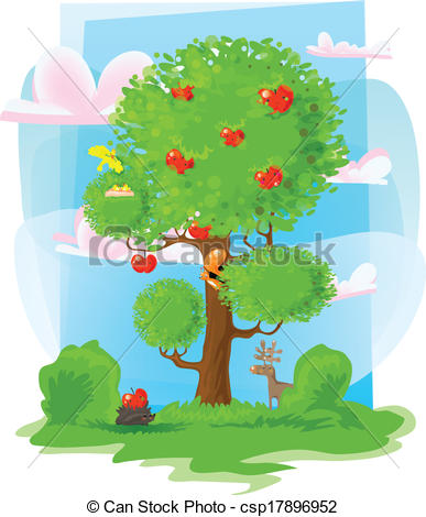 Clipart Vector Of The Apple Tree   Country View With An Apple Tree And
