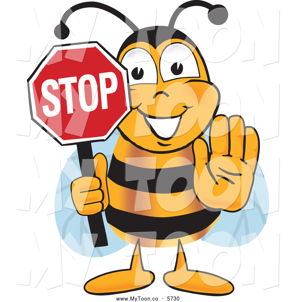 Cute Bee Mascot Cartoon Character Holding His Hand Out And A Red Stop