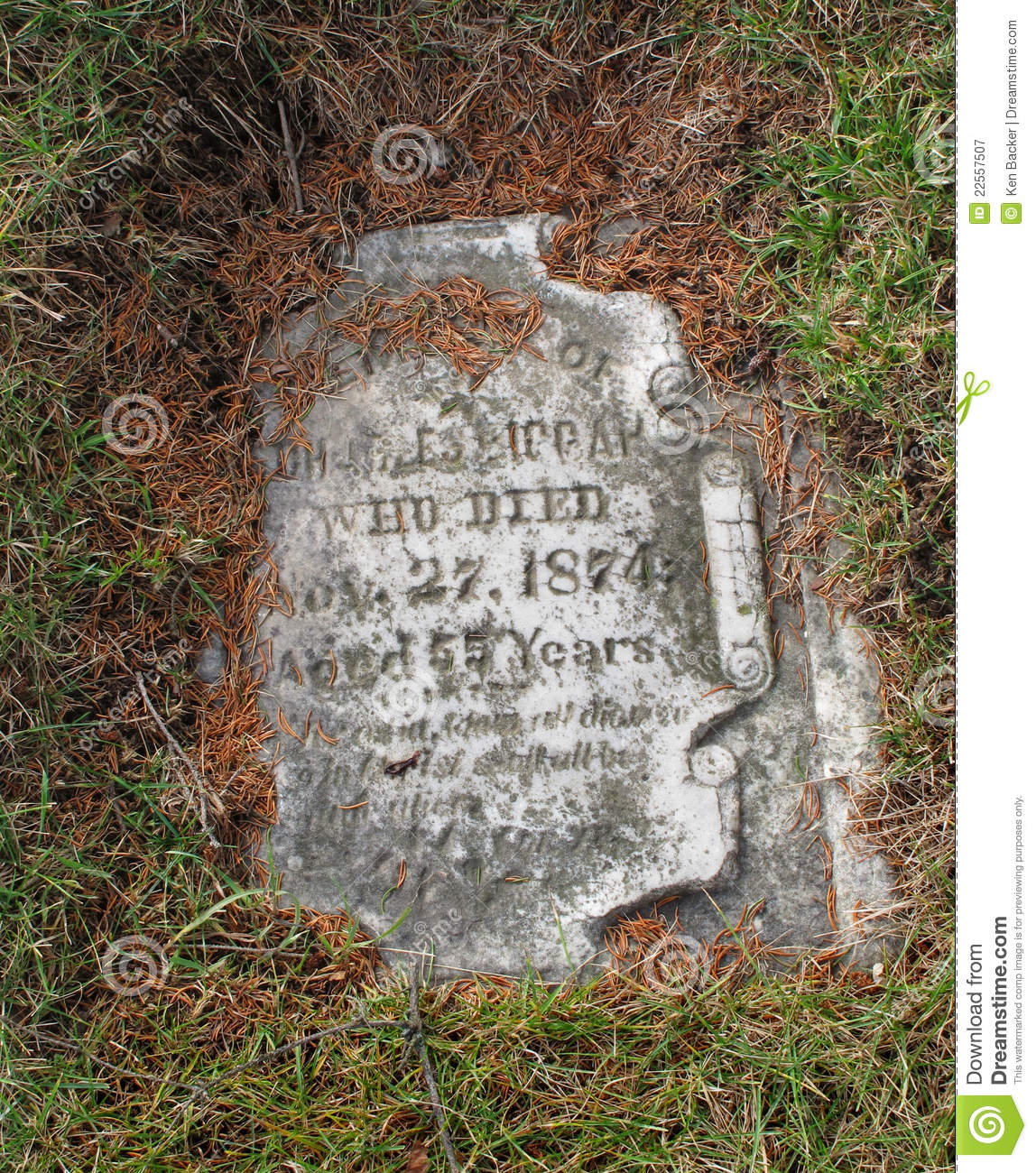 Flat Old And Worn Stone Vintage Grave Tombstone Sunken Below The