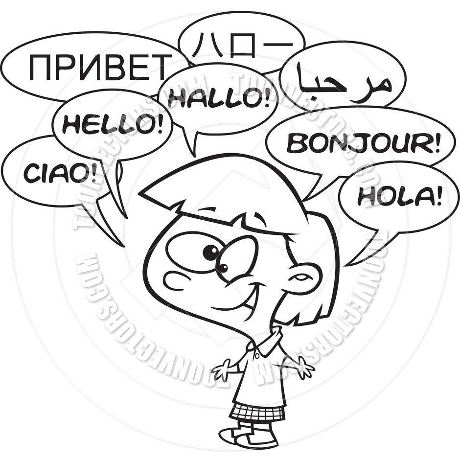 Girl Saying Hello In Different Languages  Black   White Line Art