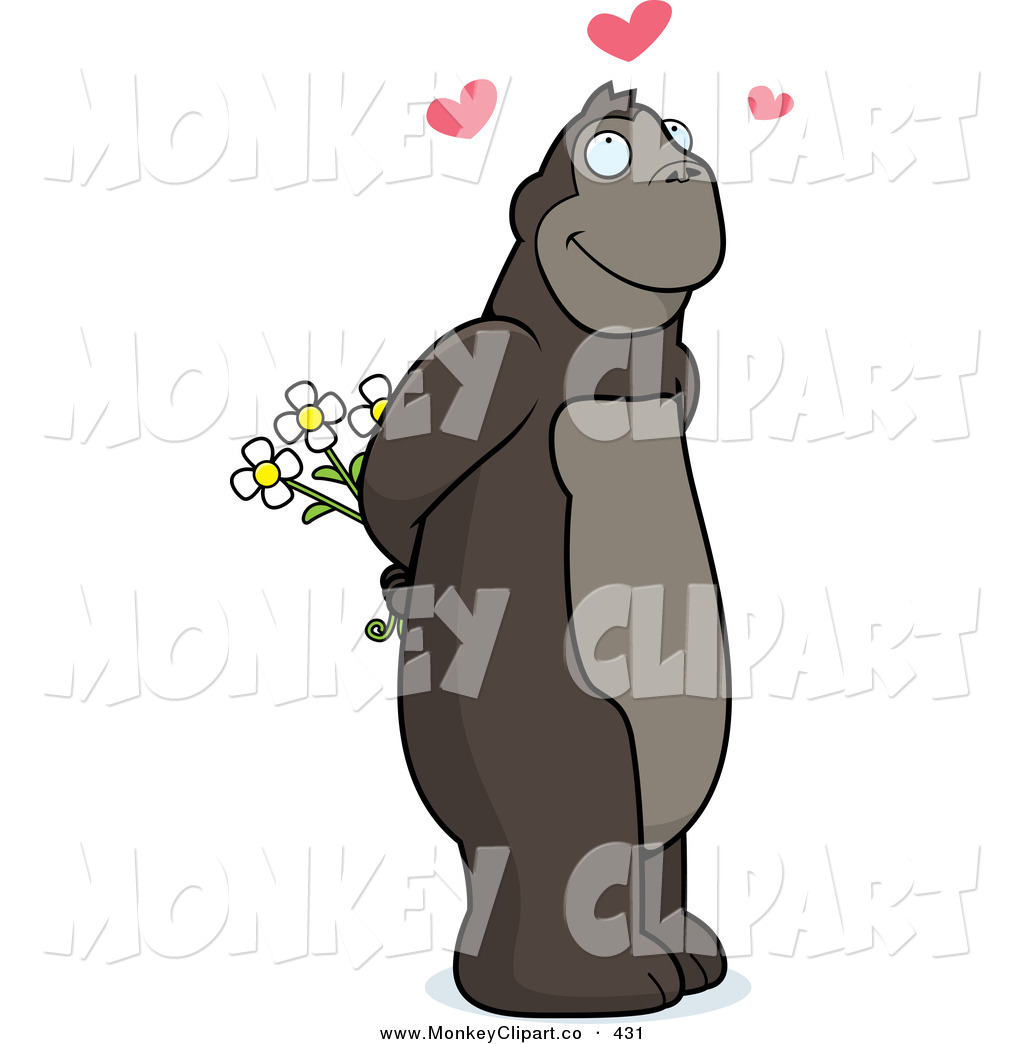 Larger Preview  Clip Art Of A Romantic Brown Ape Holding Flowers