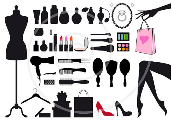 Set Of 45 Fashion And Beauty Objects Silhouettes Shopping Bag Shoes