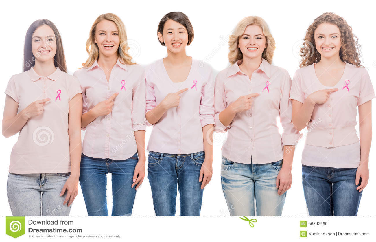 Voluntary Cheerful Women Wearing Pink Ribbons To Support Breast Cancer