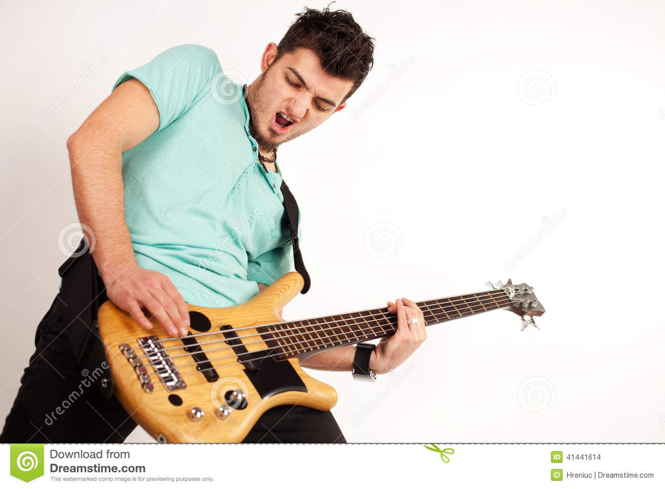 Young Rocker With Bass Player With Turquoise T Shirt Stock Photo