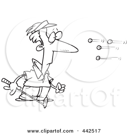 Cartoon Black And White Outline Design Of Golf Balls Flying At A