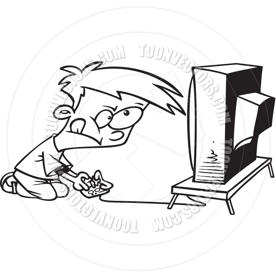 Cartoon Boy Playing Video Games  Black And White Line Art  By Ron