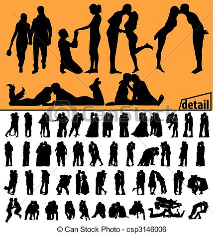 Clip Art Vector Of Kissing Couples Silhouettes   Large Set Of Kissing