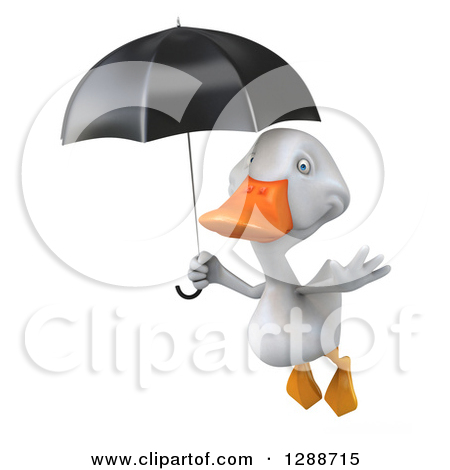 Clipart Of A 3d White Duck Flying And Holding A Black Umbrella    