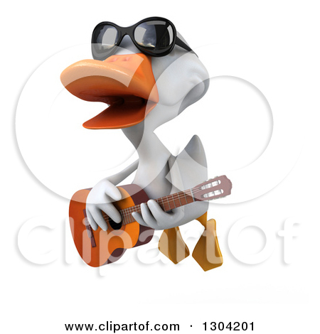 Clipart Of A 3d White Duck Wearing Sunglasses Flying And Playing A
