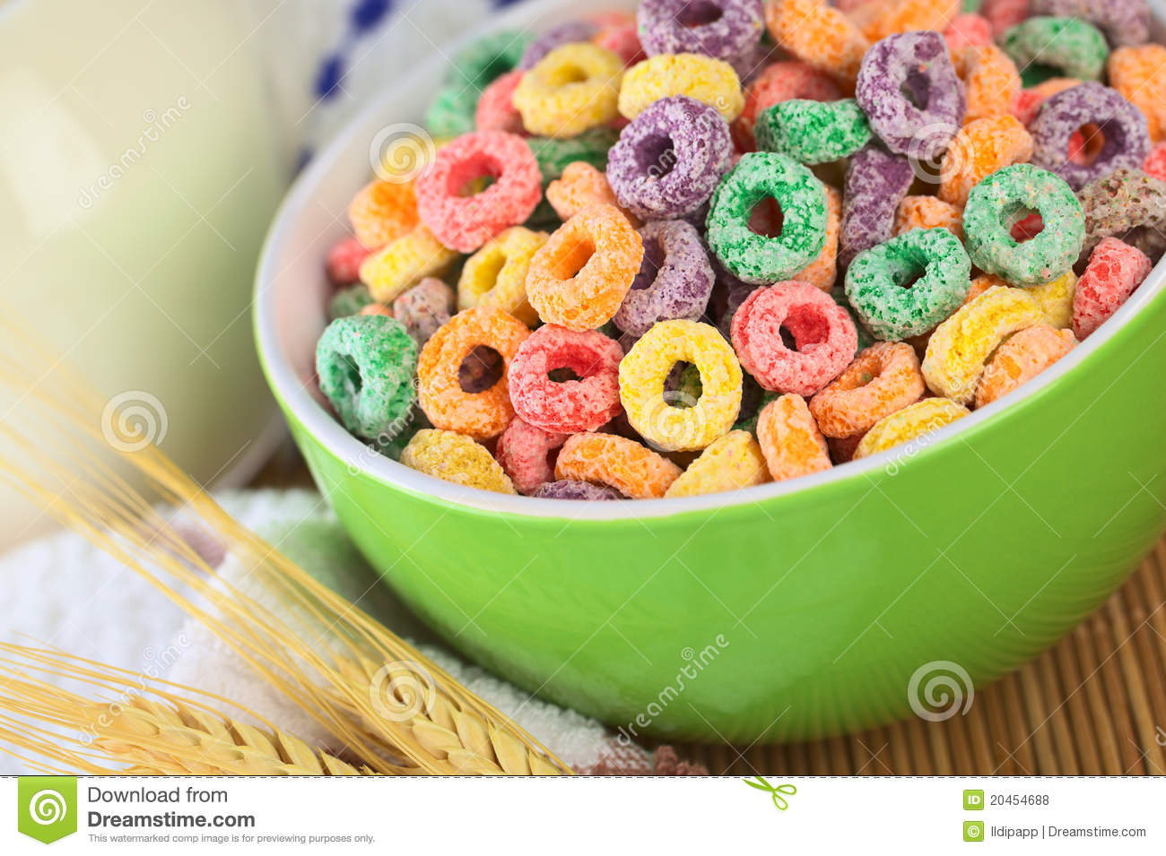 Colorful Cereal Loops With Different Fruit Flavour In Green Bowl With    
