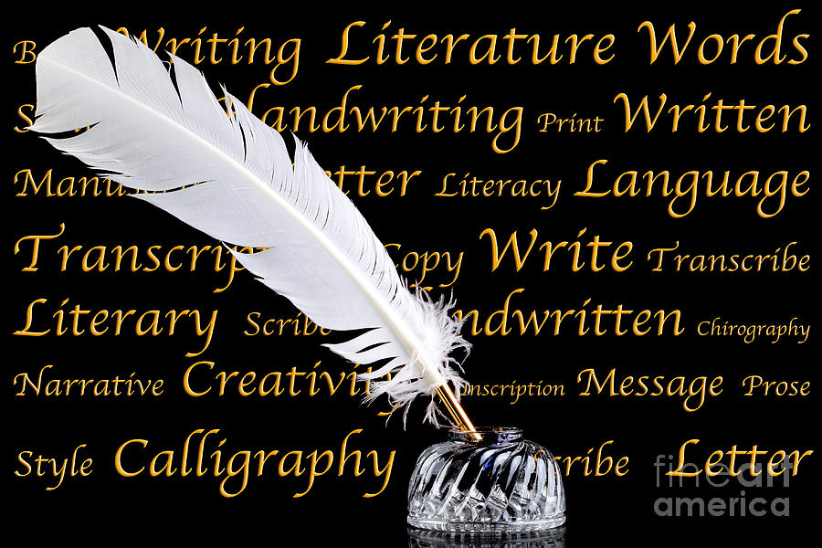 Quill Pen And Inkwell On Black Background Photograph   Quill Pen And