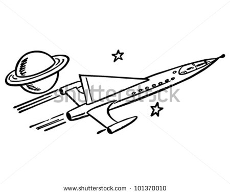 Spaceship Passing Saturn   Retro Clipart Illustration   101370010
