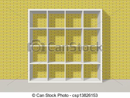 Stock Illustration   White Empty Square Bookshelf On Yellow Brick Wall
