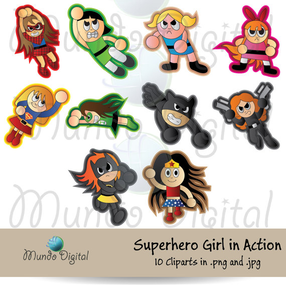 10 Superhero Girls In Action Digital Clip Art For Scrapbooking Card