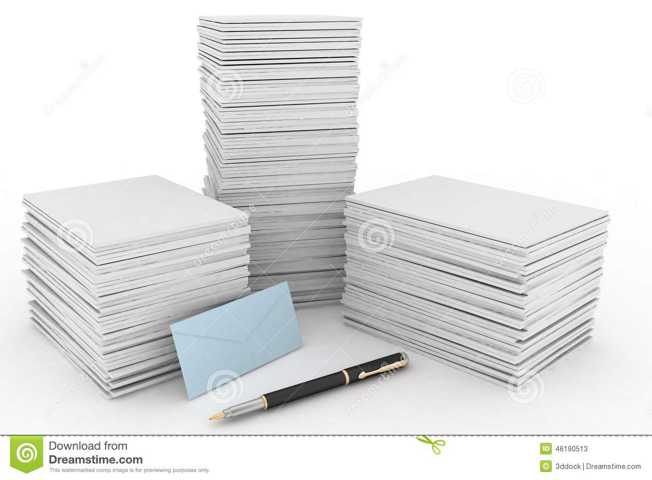 3d Render Illustration Big Pile Of Paper Mail Envelope And Pen On