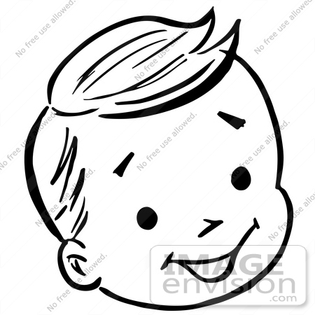 61802 Clipart Of A Happy Retro Boy Face In Black And White   Royalty    