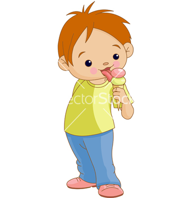 Cartoon Boy Eating An Ice Cream Cone  Black And White Line Art