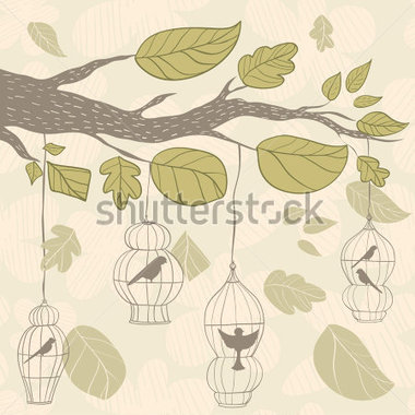 Cute Bird Cages Hanging On A Tree Branch  Perfect Invitation Card For