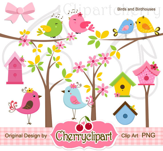 Cute Birds And Birdhouses Digital Clipart Set For Personal And    