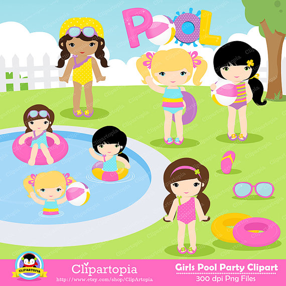 Girls Pool Party Clipart Pool Party Clipart  Swim Girls Digital