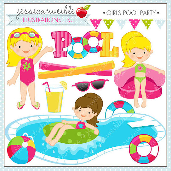 Girls Pool Party Cute Digital Clipart For Card Design Scrapbooking