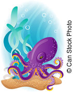 Octopus   Vector Illustration   Purple Octopus On The Seabed