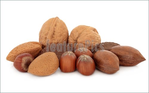 Pecan Almond Walnut Hazelnut And Brazil Nuts Over White Background