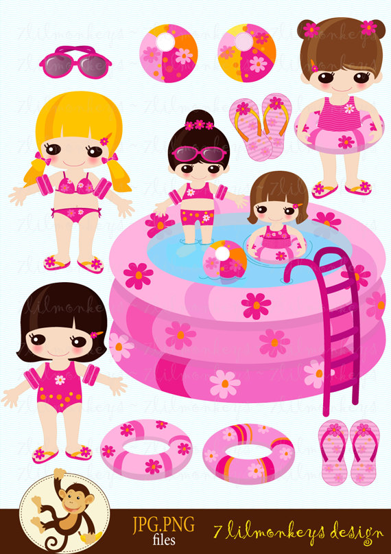 Pool Party   Lil Girls   Digital Clip Art Set   Pool Beach Ball Lil