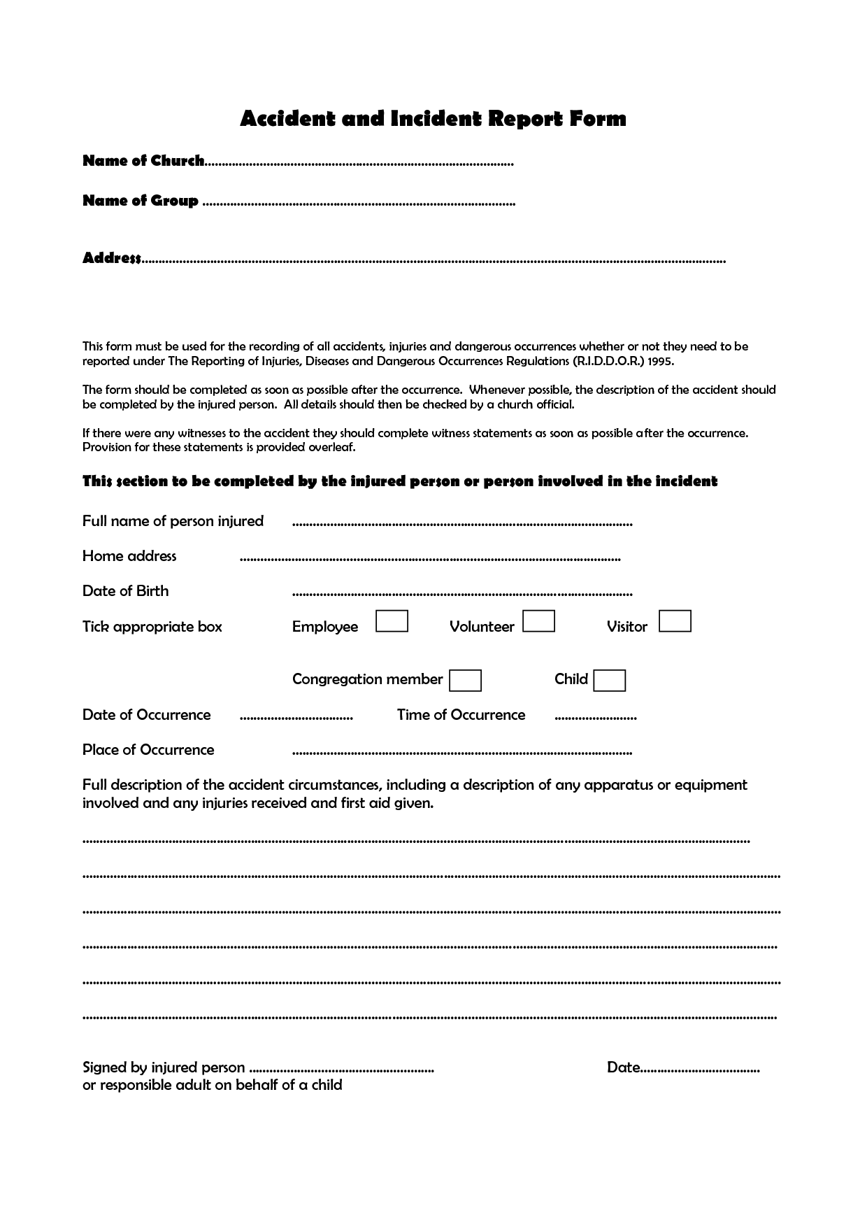 Sample Incident Report Form Template