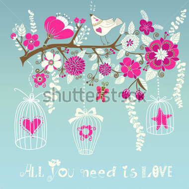 Summer Background With The Blossom Branch Bird Cages And Cute Bird