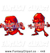 Two Evil Red Rock Monster Devils Baring Fangs And Holding Their Arms    