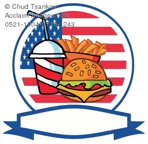An American Flag Behind French Fries A Soda And A Cheeseburger With