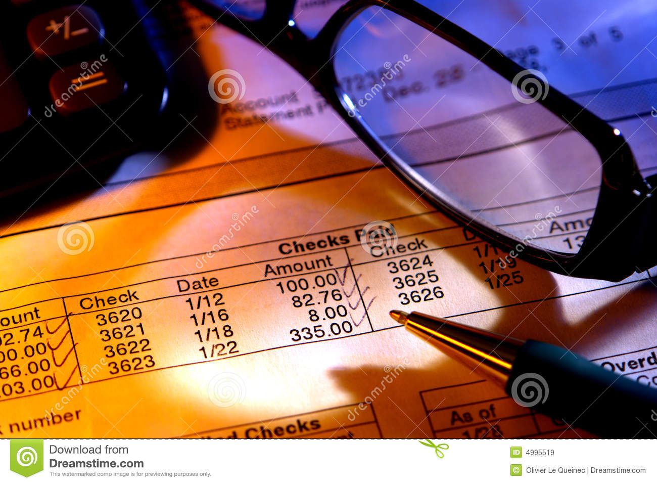 Checking Account Statement With Glasses And Pen Royalty Free Stock