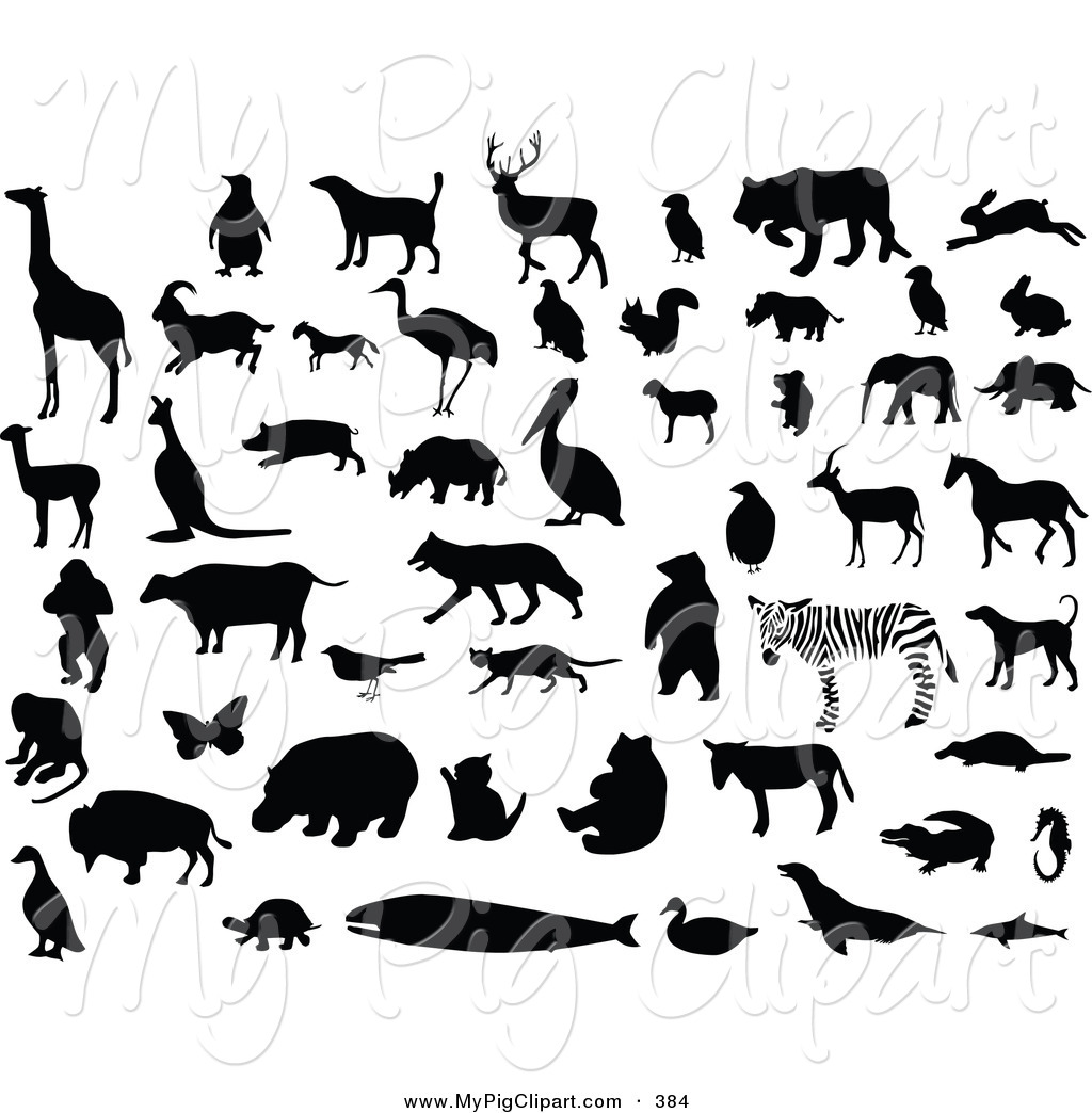 Clipart Of A Digital Group Of Silhouetted And Black And White Animals