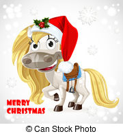 Merry Christmas Card With Cute White Baby Horse Drawings