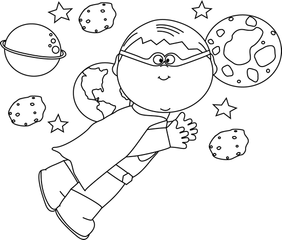 Black And White Superhero Boy Flying In Space Clip Art   Superhero