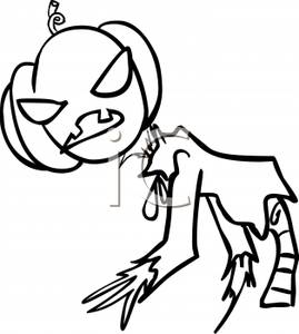 Clipart Image Of Black And White Scary Scarecrow With A Pumpkin Head