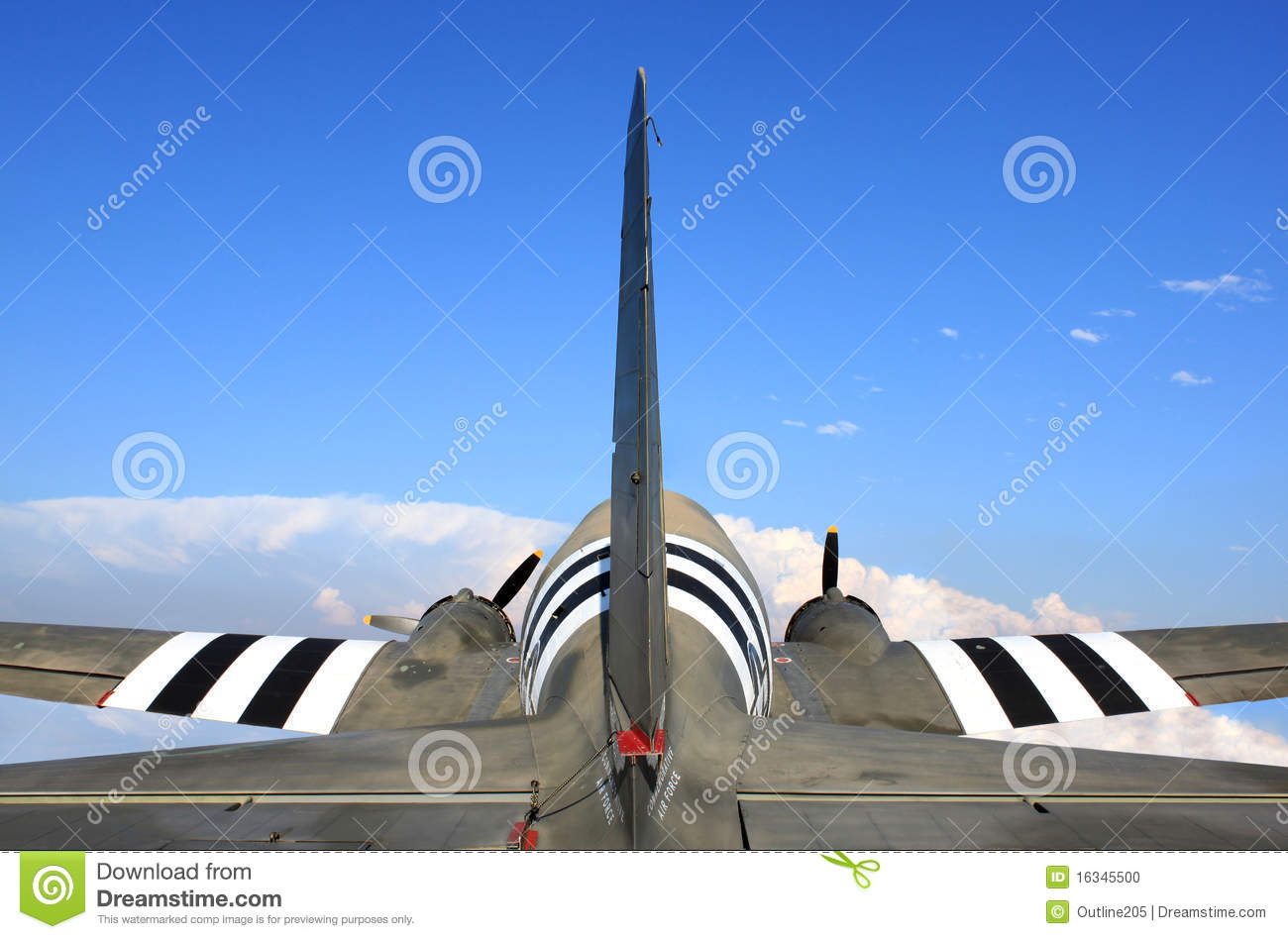 Old Air Force Propeller Plane With Background Of Sky And Clouds 