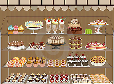 Window Of A Pastry Shop With Chocolates Cakes Muffins And Cookies