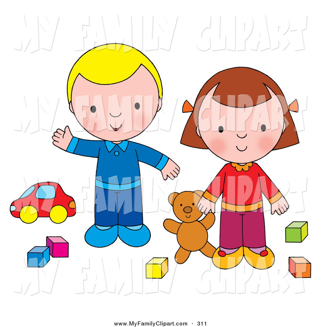 Clip Art Of A Happy Boy And Girl Playing With A Teddy Bear Blocks And