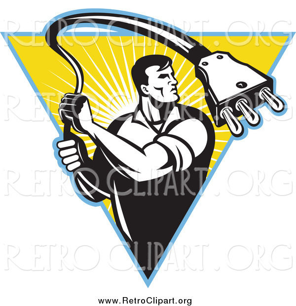 Clipart Of A Retro Black And White Male Electrician Pulling A Cable    