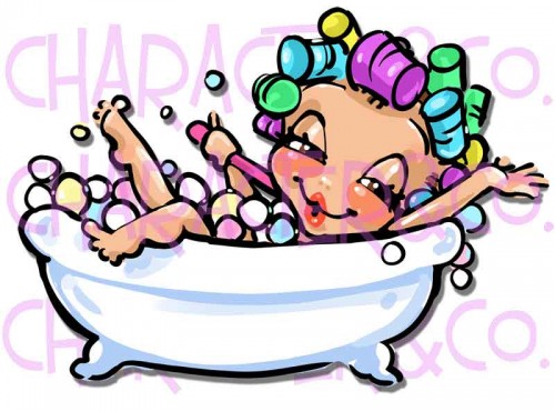 Cute Girl With Curlers In Here Hair Enjoying A Bubble Bath In Claw