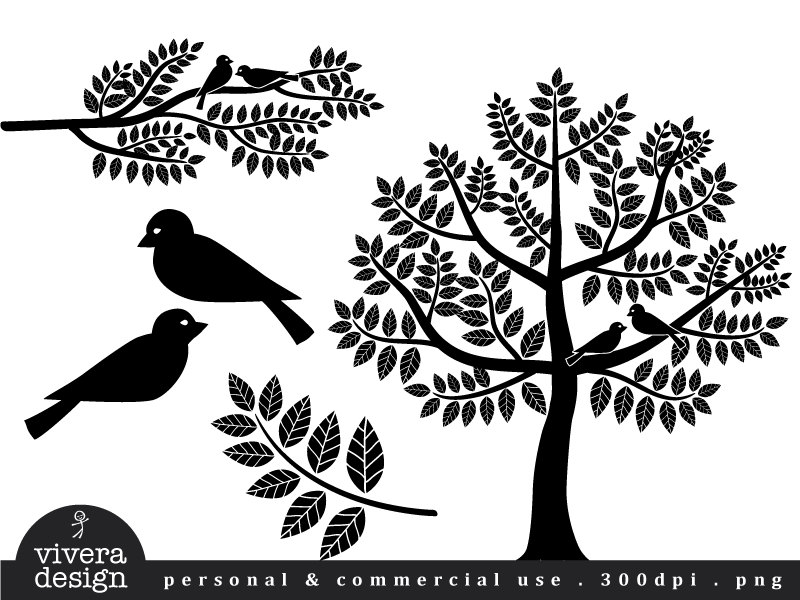 Digital Silhouette Love Birds Branches And Tree By Viveradesign