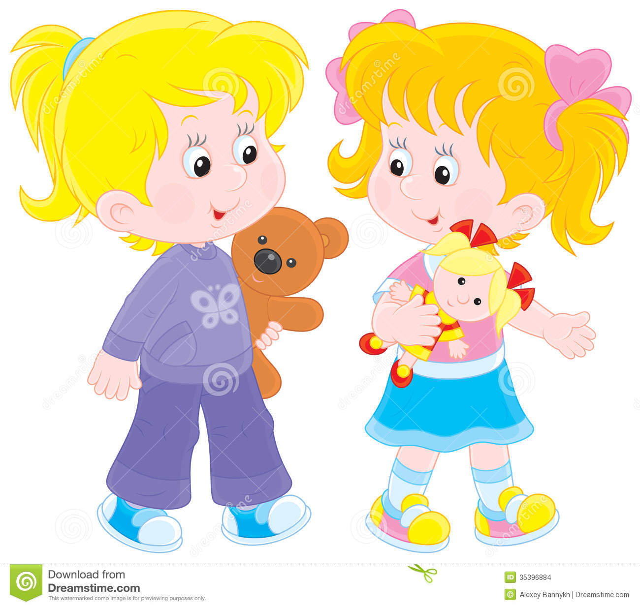 Little Girls Play With A Doll And Teddy Bear 